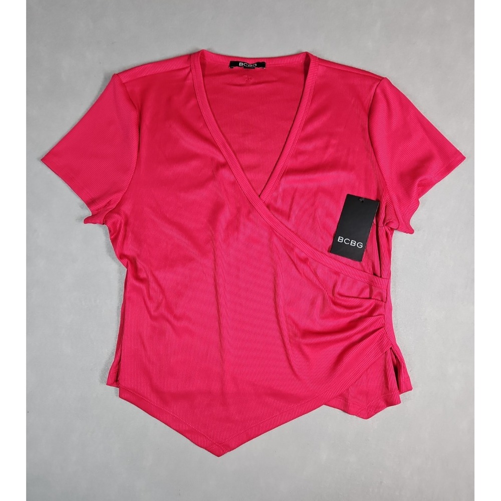 BCBG Womens Pink Faux Wrap Ribbed V Neck Top Size Large NWT
